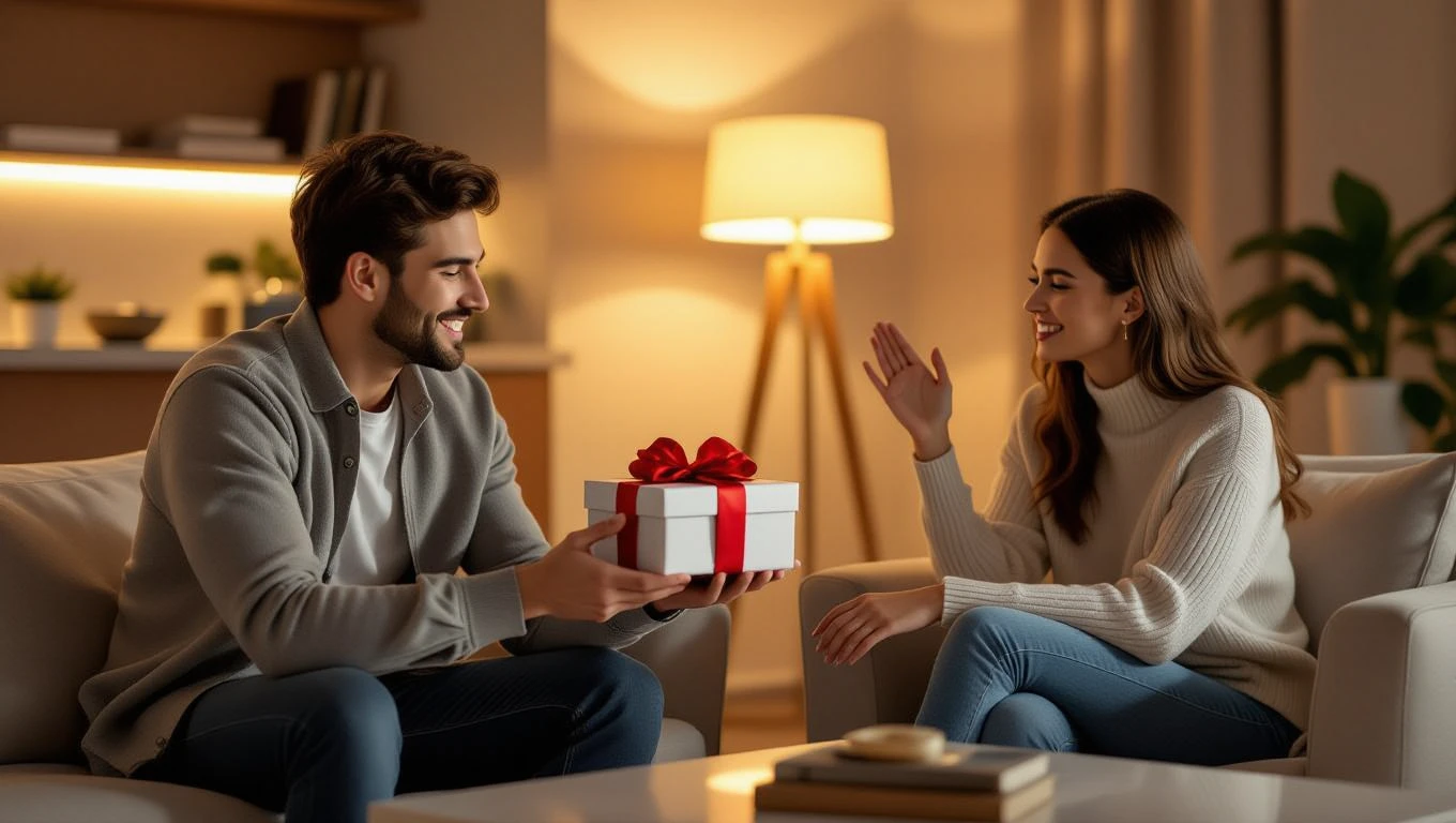 Ein Mann überreicht einer Frau ein Geschenk in einem gemütlichen Raum.