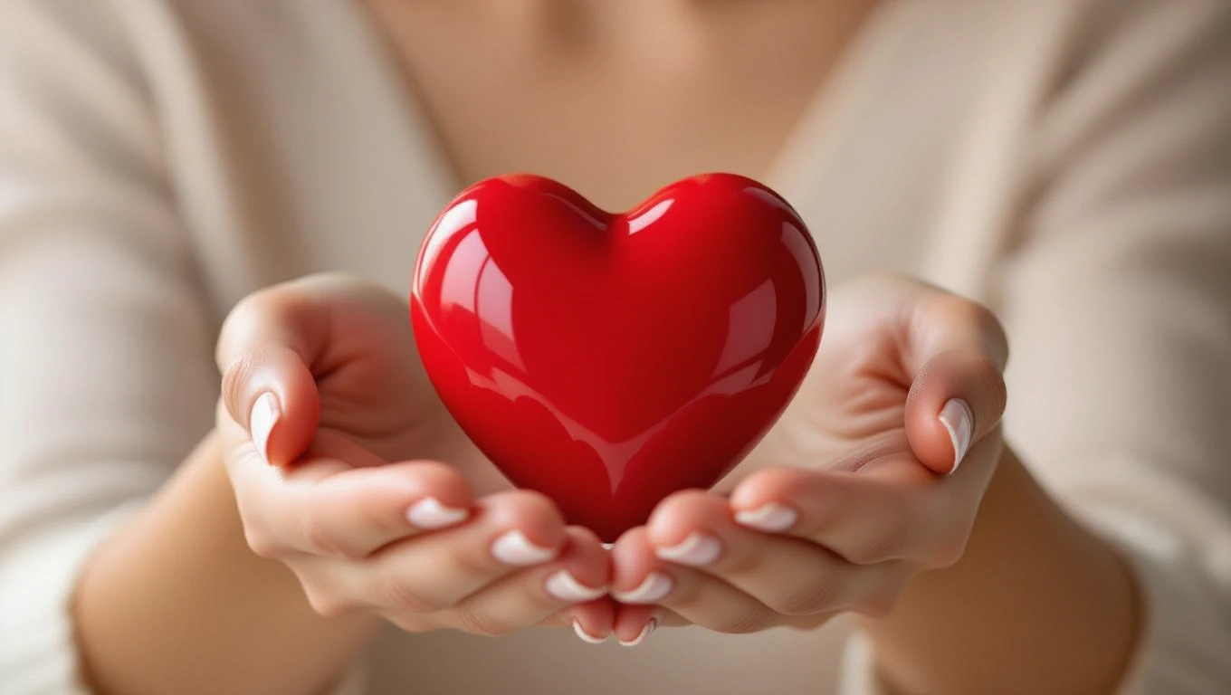 Eine Person hält ein rotes Herz in den Händen, symbolisiert Liebe und Wertschätzung.