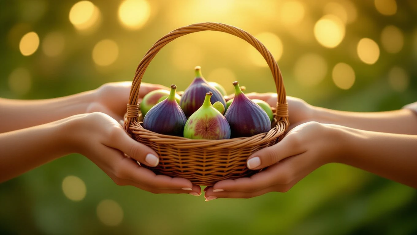 Hände halten einen Korb mit frischen Feigen, Symbol für Geschenke und Freude.
