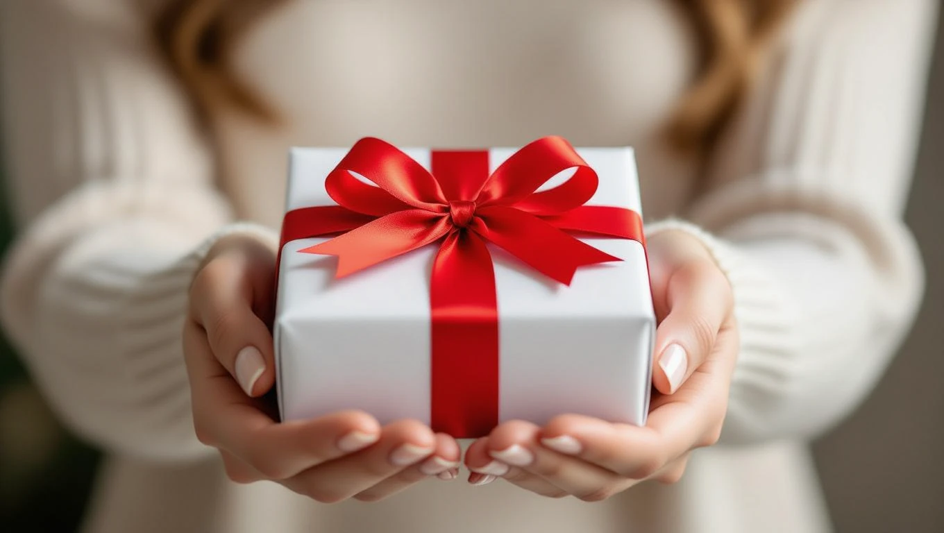 Eine Person hält ein schön verpacktes Geschenk mit rotem Band in den Händen.