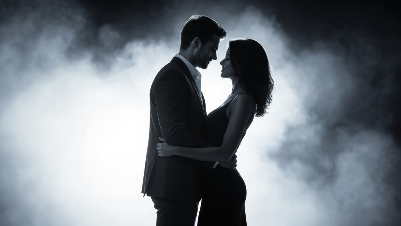 Ein Paar steht sich in einer emotionalen Umarmung gegenüber, umgeben von Nebel.