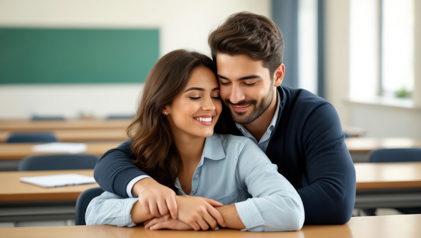 Ein Paar sitzt in einem Klassenzimmer, umarmt sich und lächelt glücklich.
