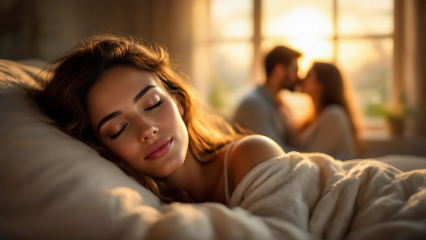 Eine schlafende Frau in einem Bett, während ein Paar im Hintergrund intim ist.