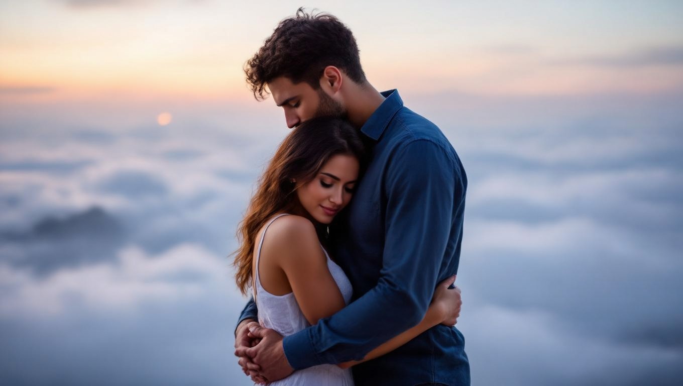 Ein Paar umarmt sich sanft in einer romantischen Umgebung über den Wolken.