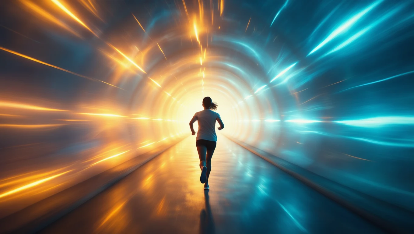 Eine Person läuft schnell durch einen leuchtenden Tunnel mit dynamischen Farben.