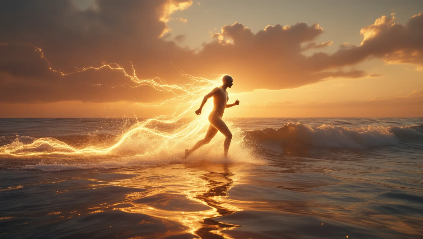 Eine Person läuft mit leuchtenden Energiewellen über das Wasser bei Sonnenuntergang.