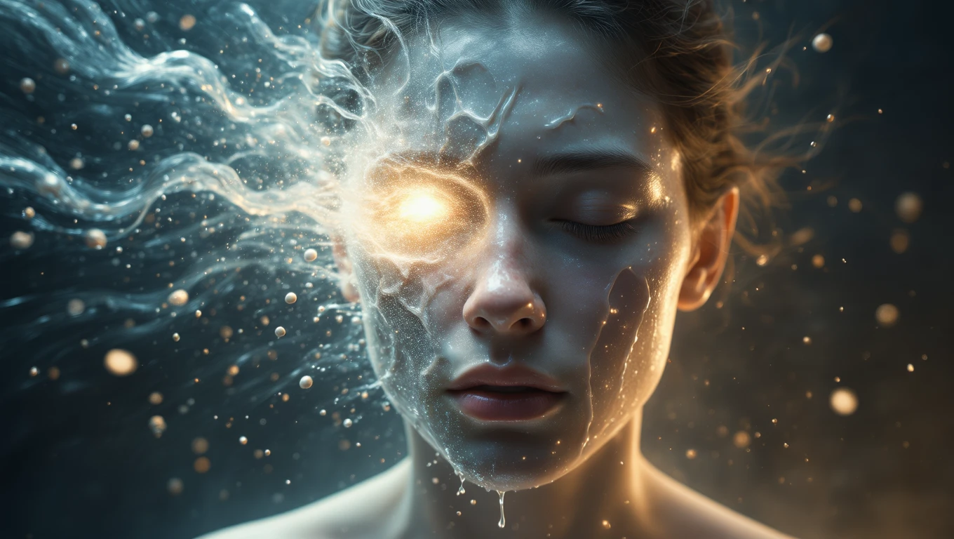 Eine Frau mit geschlossenen Augen, deren Gesicht von leuchtenden, fließenden Elementen umgeben ist.