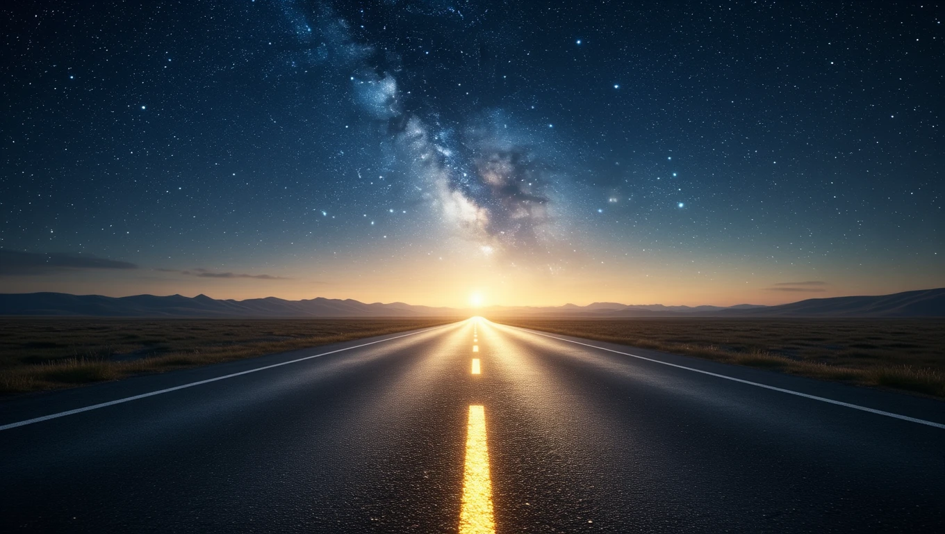 Eine leere Straße führt in die Ferne, unter einem sternenklaren Himmel.