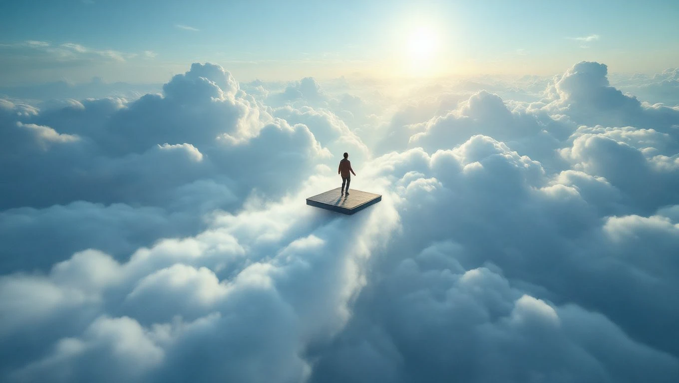 Eine Person steht auf einer Plattform über den Wolken, umgeben von Licht und Weite.