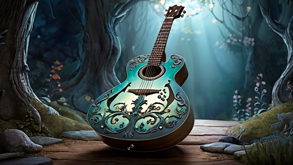 Eine kunstvoll verzierte Gitarre steht in einem mystischen Waldlicht.