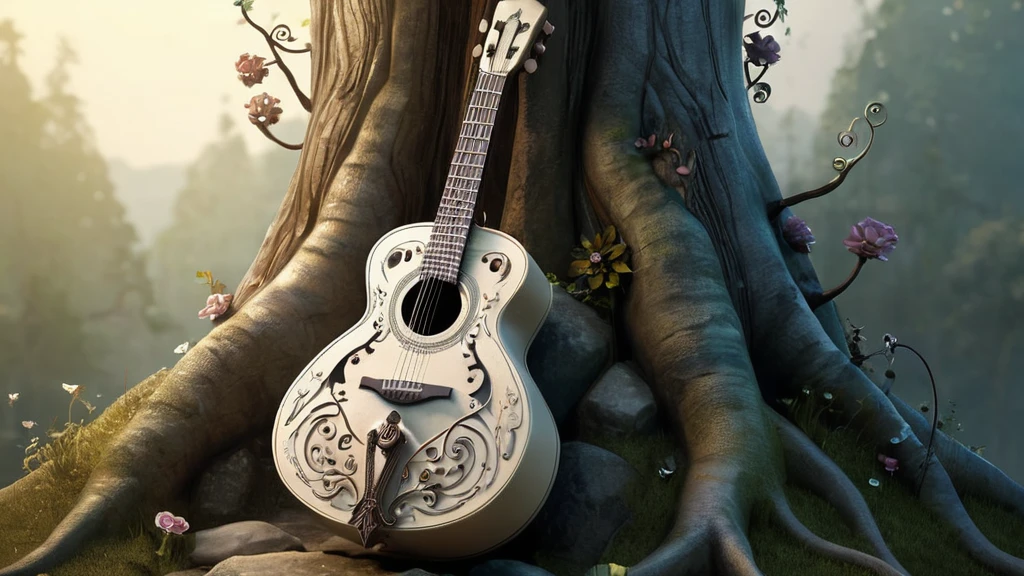 Eine kunstvoll verzierte Gitarre lehnt an einem Baumstamm in der Natur.