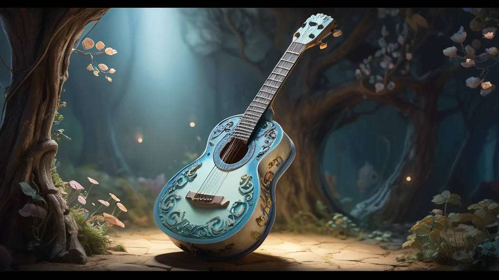 Eine kunstvoll verzierte Gitarre steht in einem mystischen Waldlicht.
