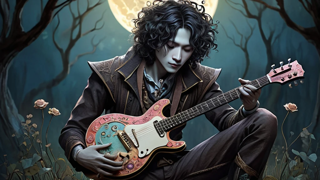 Ein junger Mann spielt eine kunstvoll verzierte Gitarre im Mondschein.