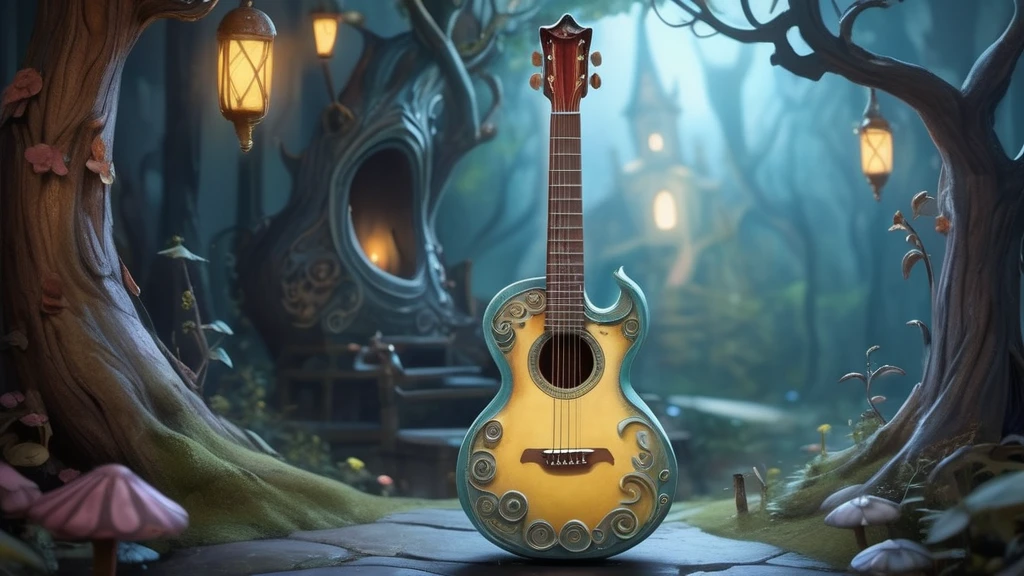 Eine fantasievolle Gitarre steht in einem mystischen Wald mit sanften Lichtern.