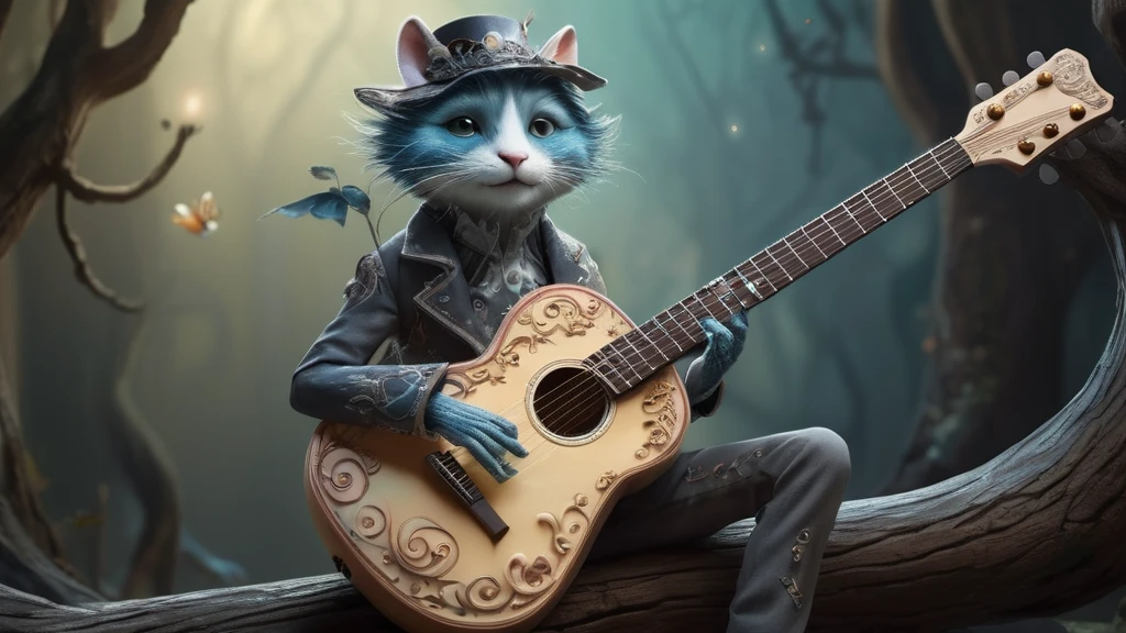 Ein fantasievoller, anthropomorpher Kater spielt eine Gitarre in einem mystischen Wald.