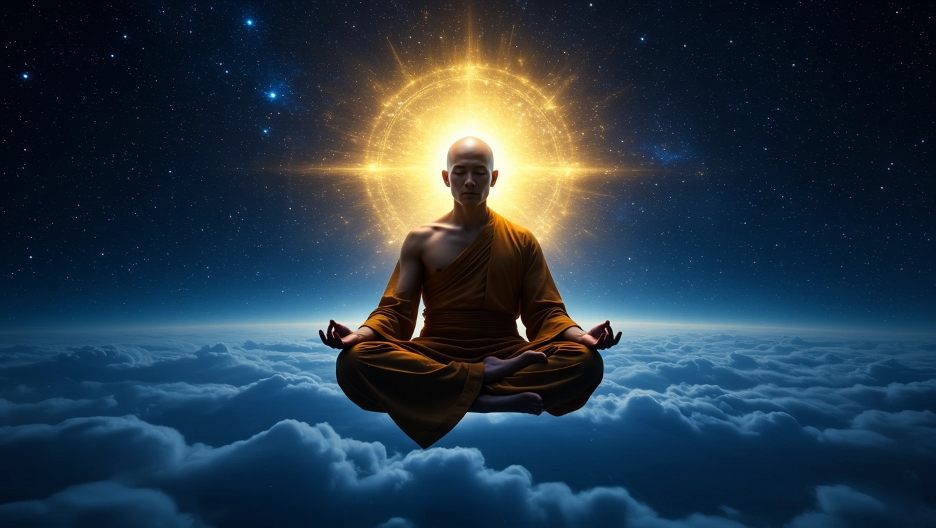 Ein meditierender Mönch schwebt über Wolken, umgeben von Sternen.