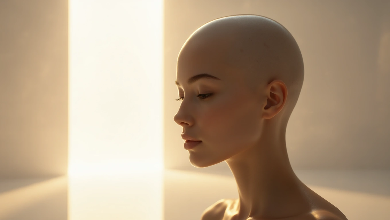 Eine glatte, kahle Kopfansicht einer nachdenklichen Person im sanften Licht.