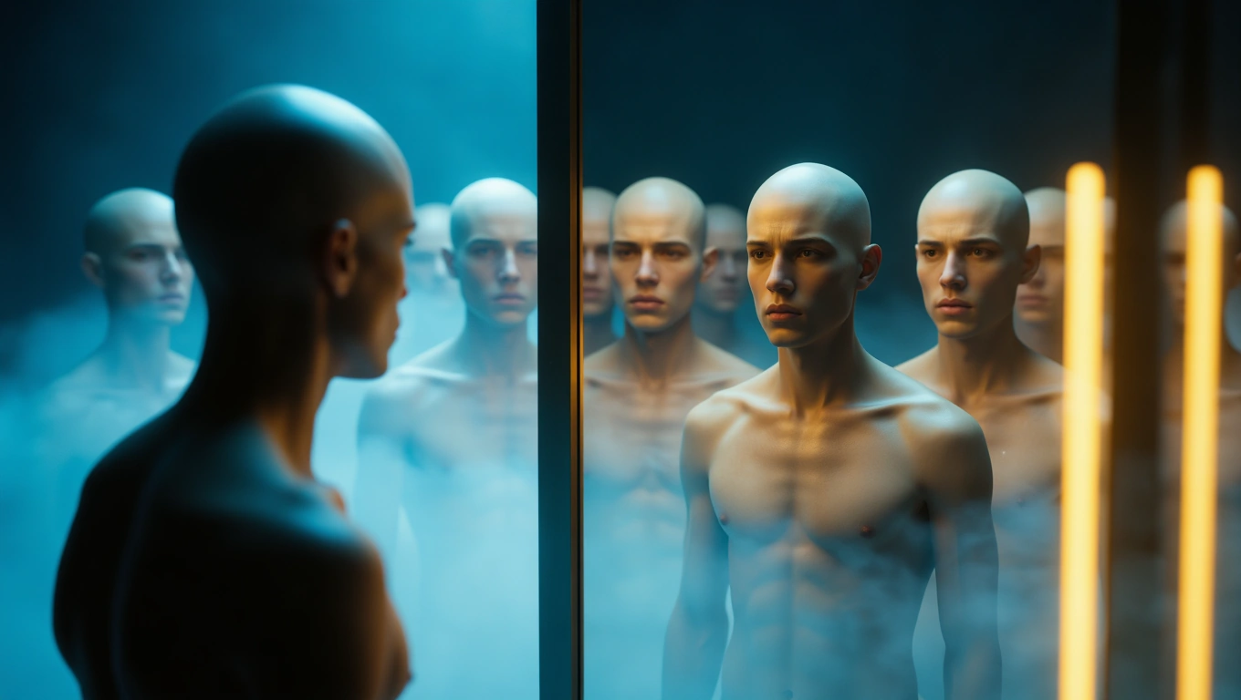 Ein glatzköpfiger Mann betrachtet sich in einem Spiegel, umgeben von weiteren Spiegelbildern.