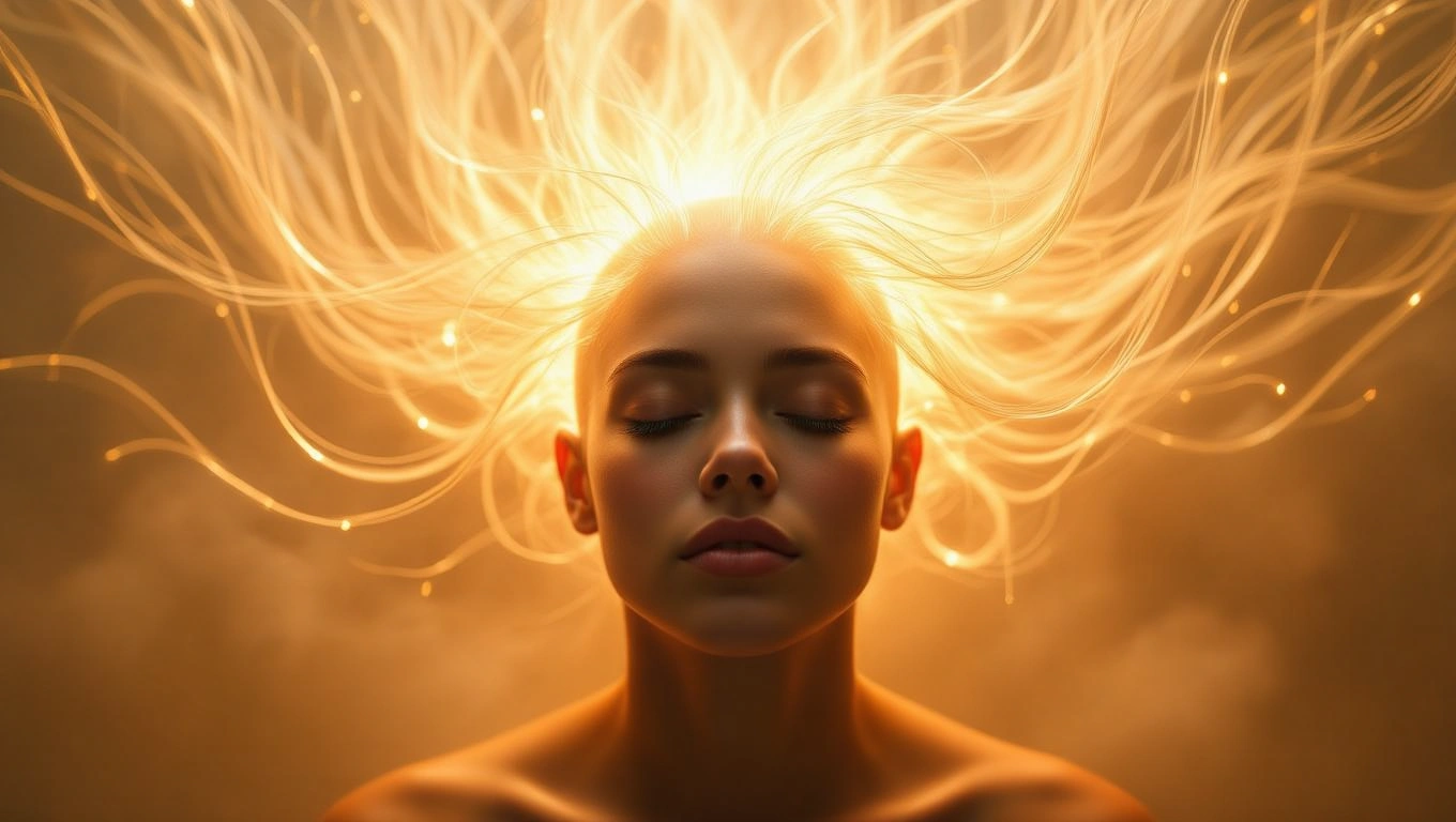 Eine Frau mit glatzer Kopf, umgeben von leuchtenden, strahlenden Haaren.