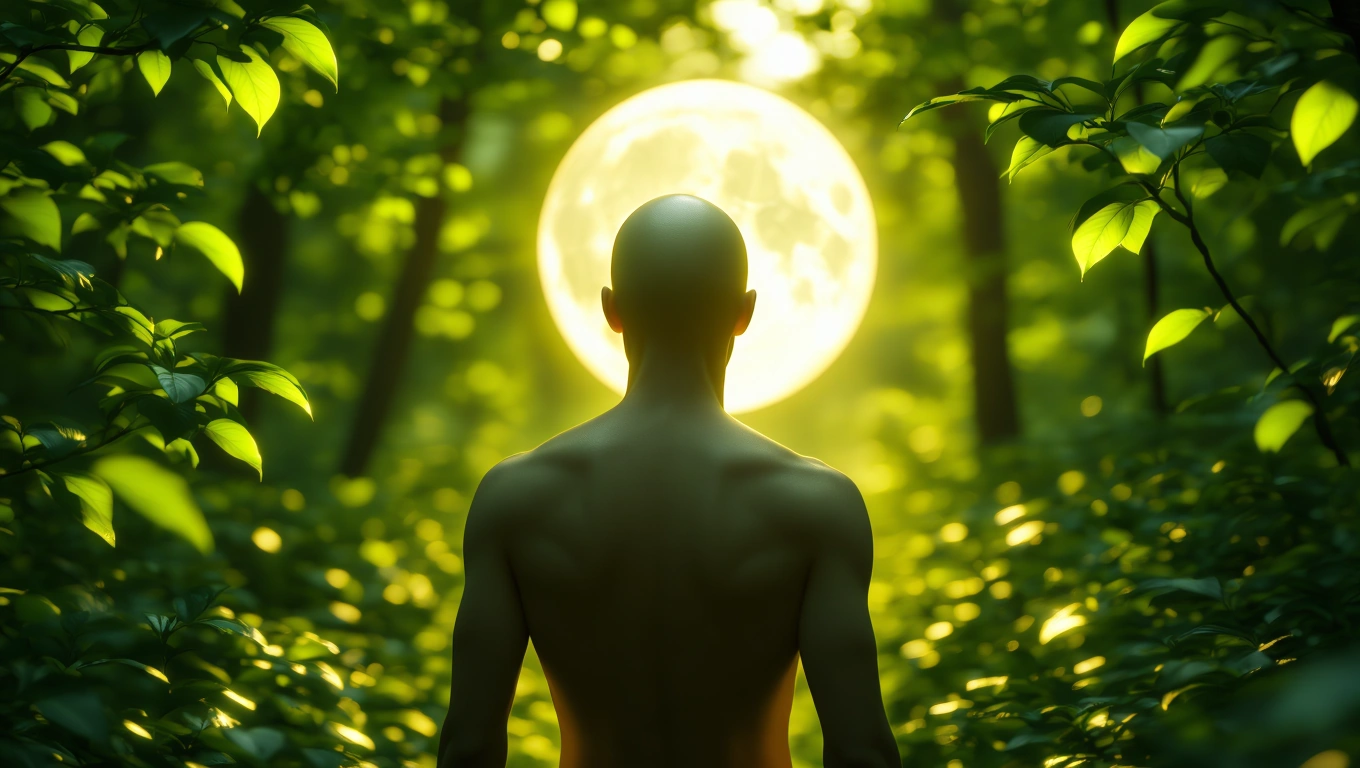Eine Person mit Glatze steht im Wald vor einem großen, leuchtenden Mond.