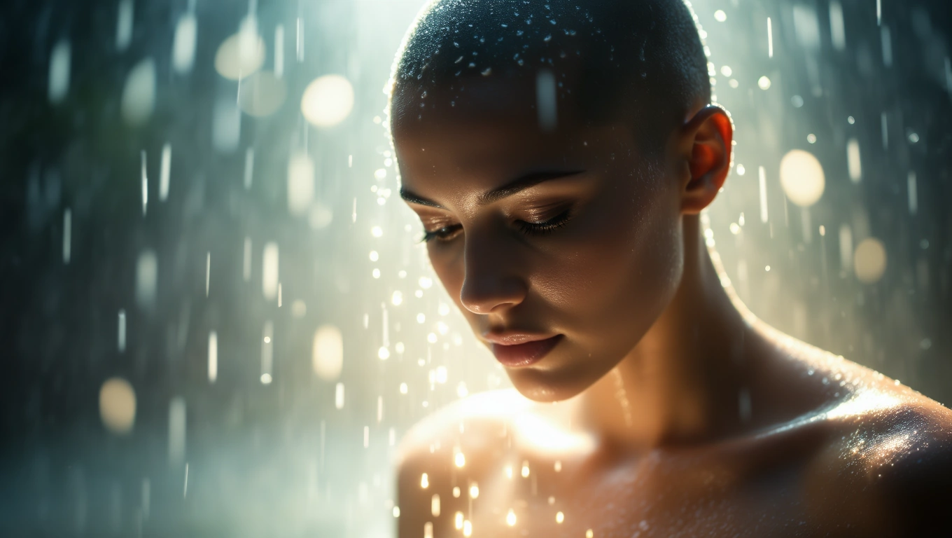 Eine nachdenkliche Person mit Glatze, umgeben von sanften Wasserstrahlen.