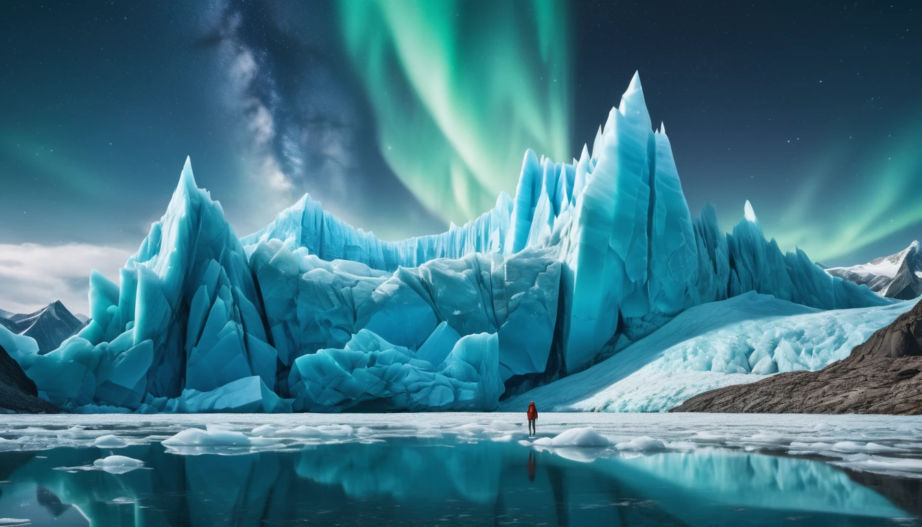 Ein majestätischer Gletscher mit leuchtend blauen Eisformationen und einem Wanderer davor.