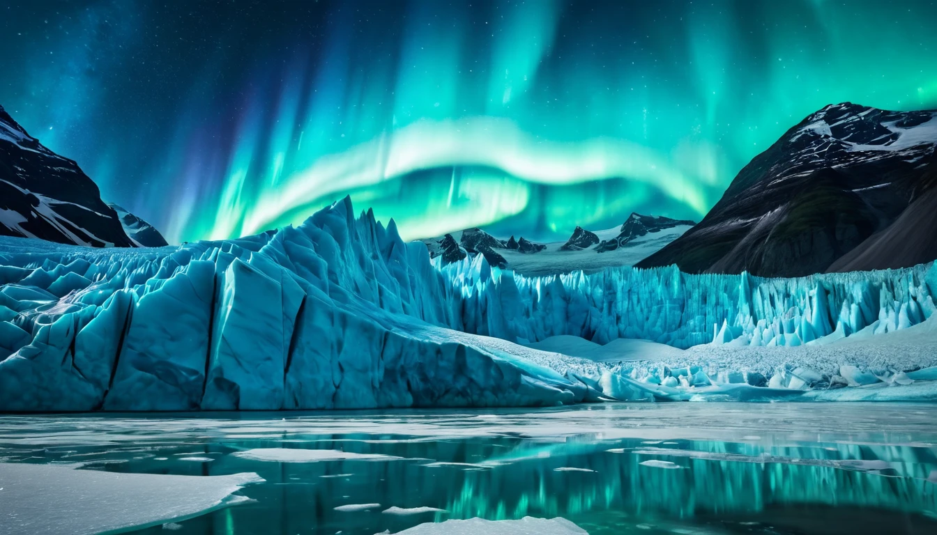 Ein majestätischer Gletscher unter dem Nordlicht, das den Himmel erleuchtet.