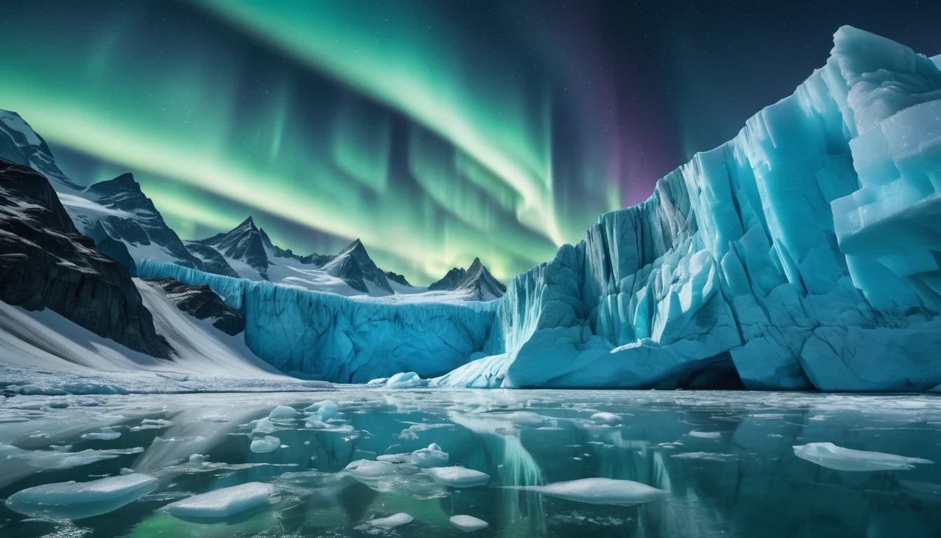 Ein majestätischer Gletscher unter dem Nordlicht, das den Himmel erleuchtet.
