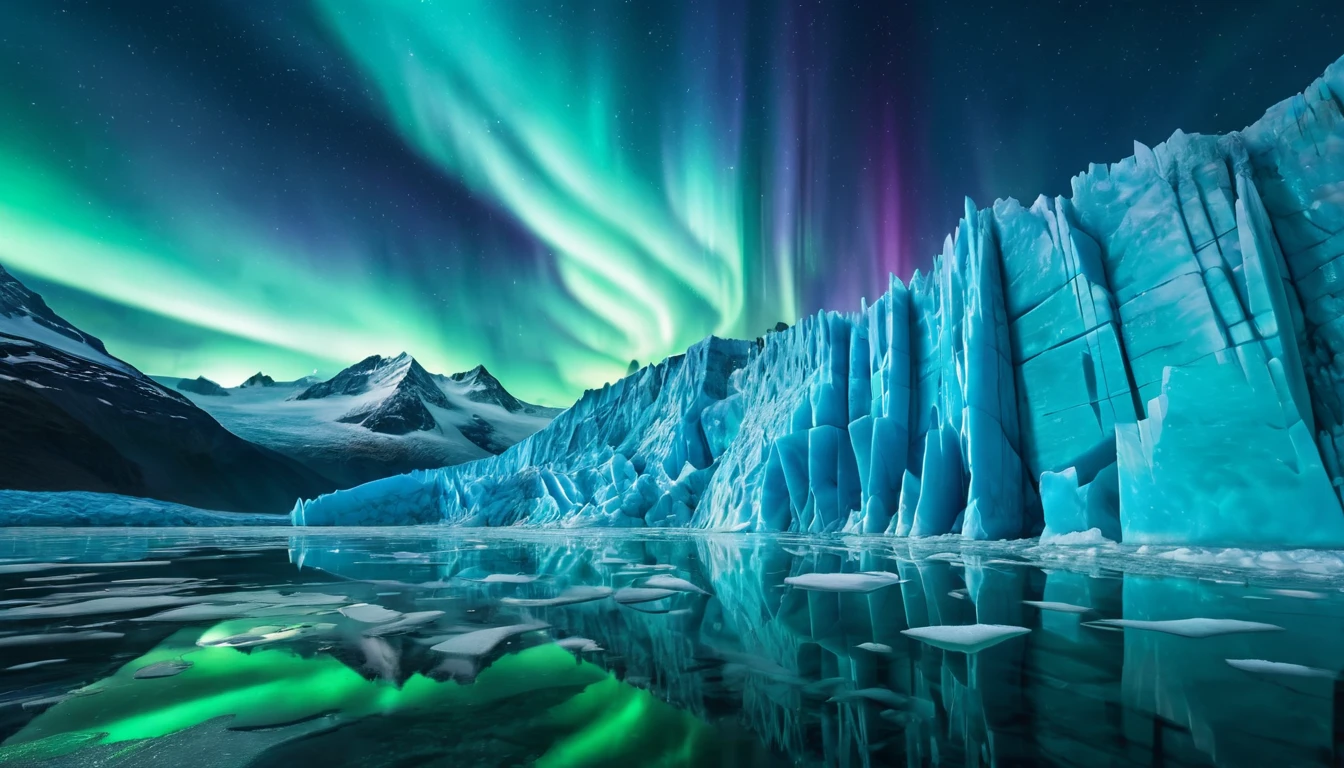 Ein majestätischer Gletscher unter dem Nordlicht spiegelt sich im Wasser.