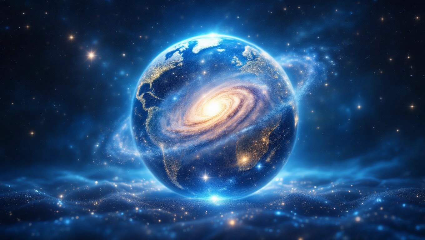 Ein leuchtender Globus schwebt im Weltraum, umgeben von Sternen und Galaxien.