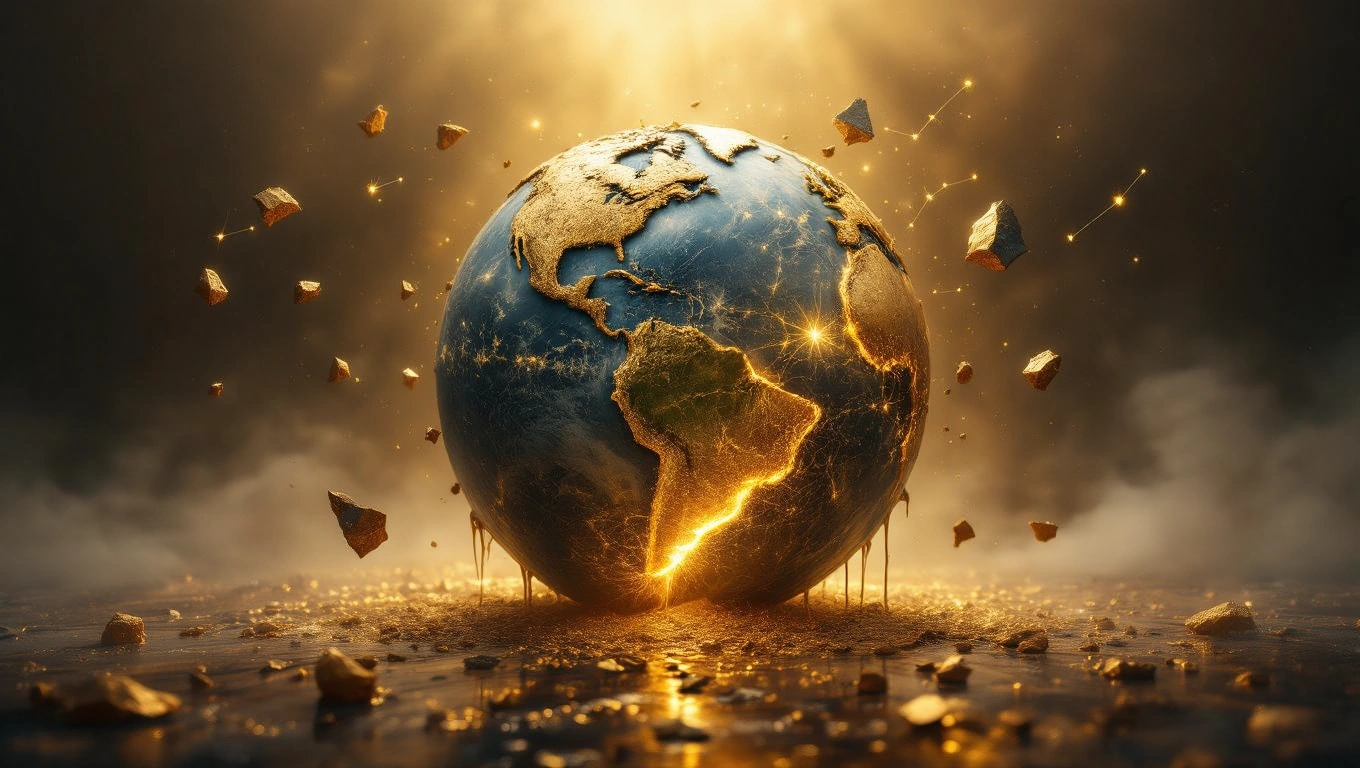 Ein leuchtender Globus, der von goldenen Bruchstücken umgeben ist, symbolisiert Träume.