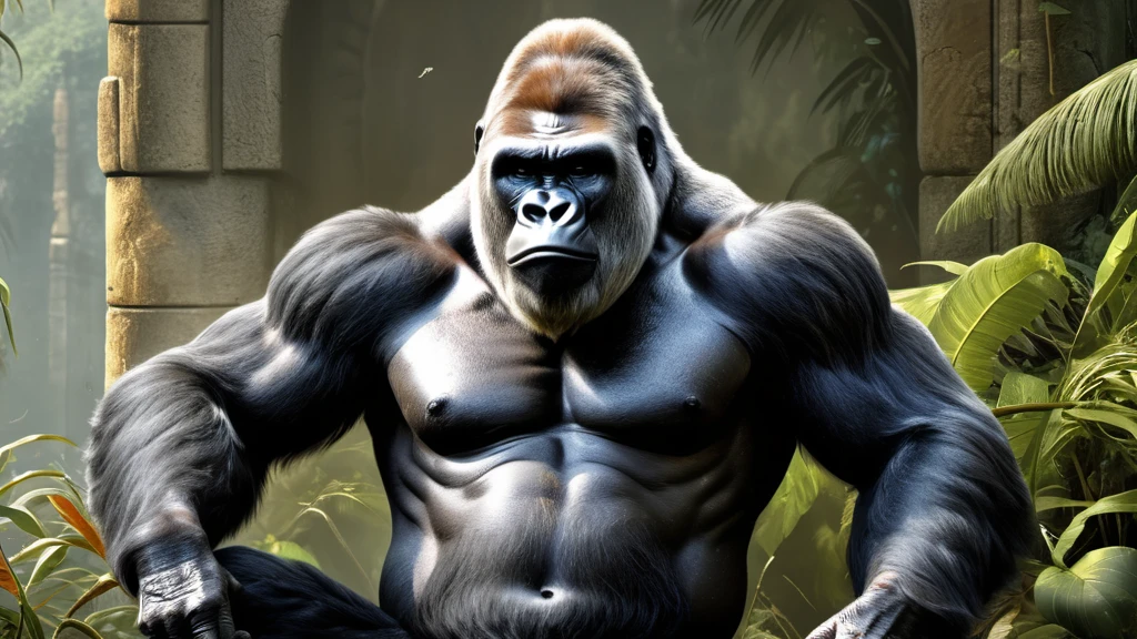 Ein muskulöser Gorilla sitzt in einer üppigen Dschungelumgebung.
