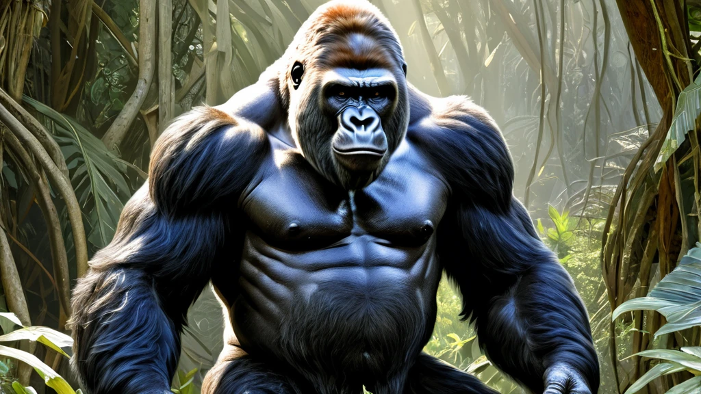 Ein muskulöser Gorilla steht im dichten Dschungel, umgeben von Pflanzen.