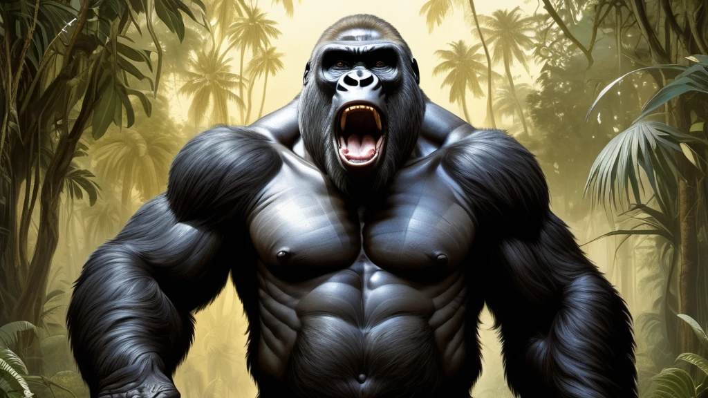 Ein mächtiger Gorilla steht im Dschungel und brüllt, symbolisiert Stärke und Dominanz.