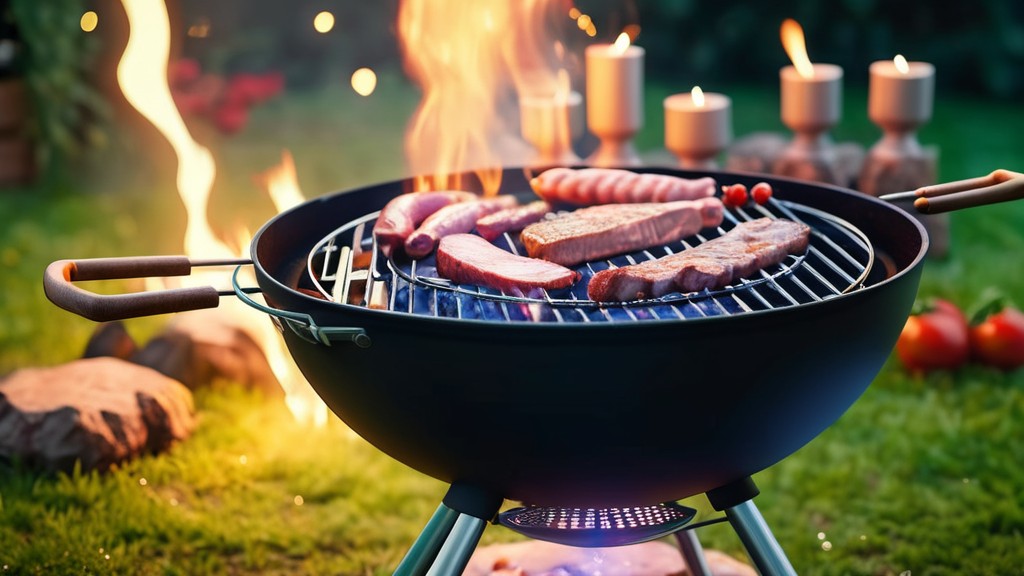 Ein Grill mit verschiedenen Fleischsorten, umgeben von Flammen und Kerzenlicht.