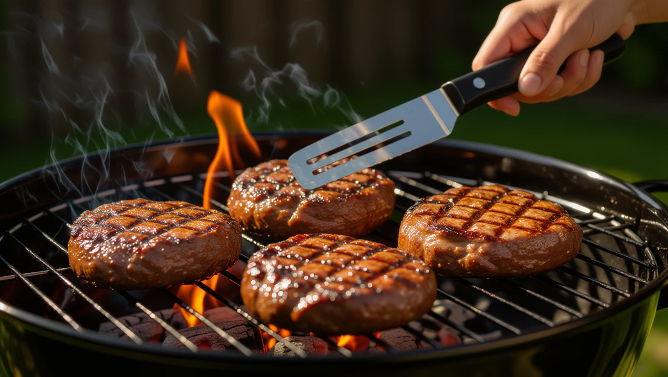 Ein Grill mit saftigen Burger-Patties, die über offenem Feuer brutzeln.