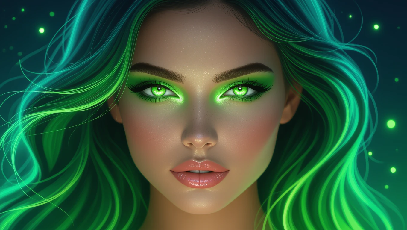 Eine Frau mit leuchtend grünen Augen und Haaren, die Hoffnung und Erneuerung symbolisieren.