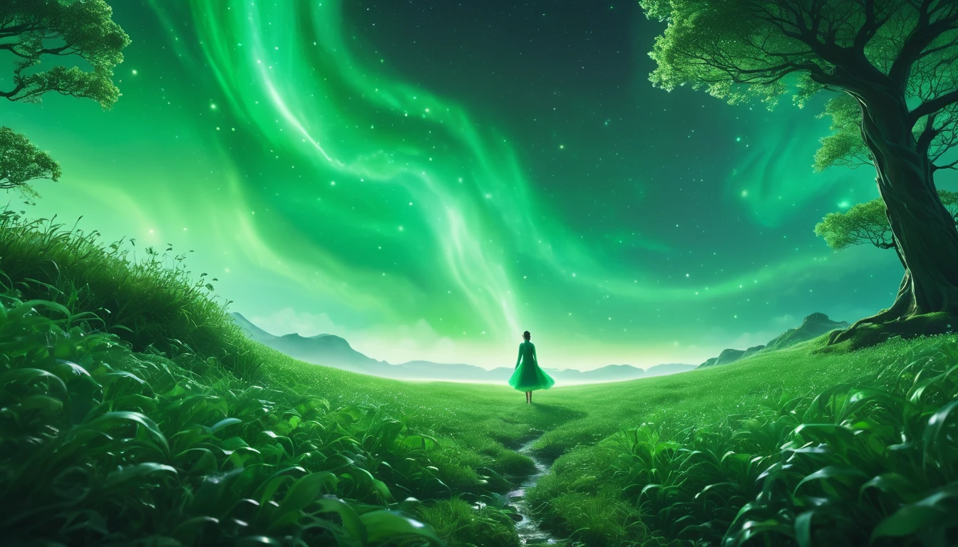Eine Person in einem grünen Kleid steht in einer leuchtenden, grünen Landschaft unter einem sternenklaren Himmel.