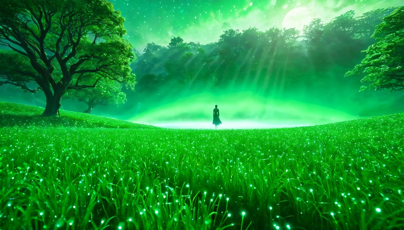 Eine mystische grüne Landschaft mit einem silhouettierten Menschen im Vordergrund.