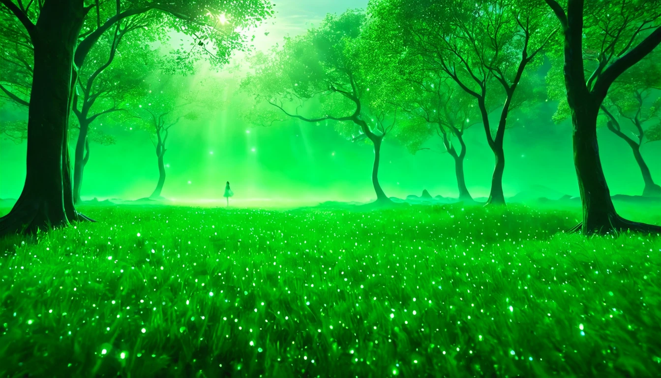 Eine grüne Landschaft mit leuchtendem Gras und Bäumen, die Hoffnung symbolisieren.