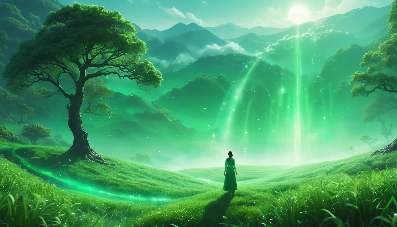 Eine Frau in einem grünen Kleid steht in einer traumhaften, grünen Landschaft mit Bäumen und Bergen.