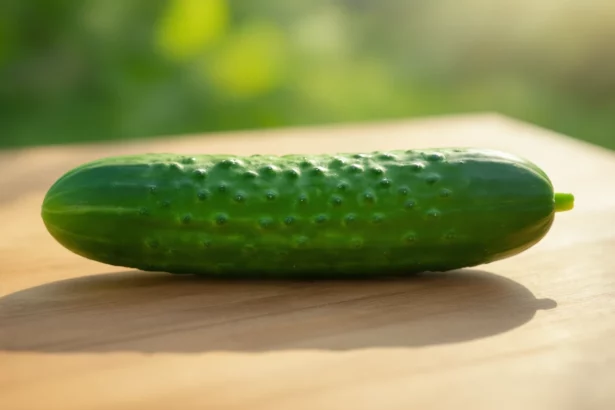 Eine frische Gurke liegt auf einem Holzbrett, symbolisiert Fruchtbarkeit.