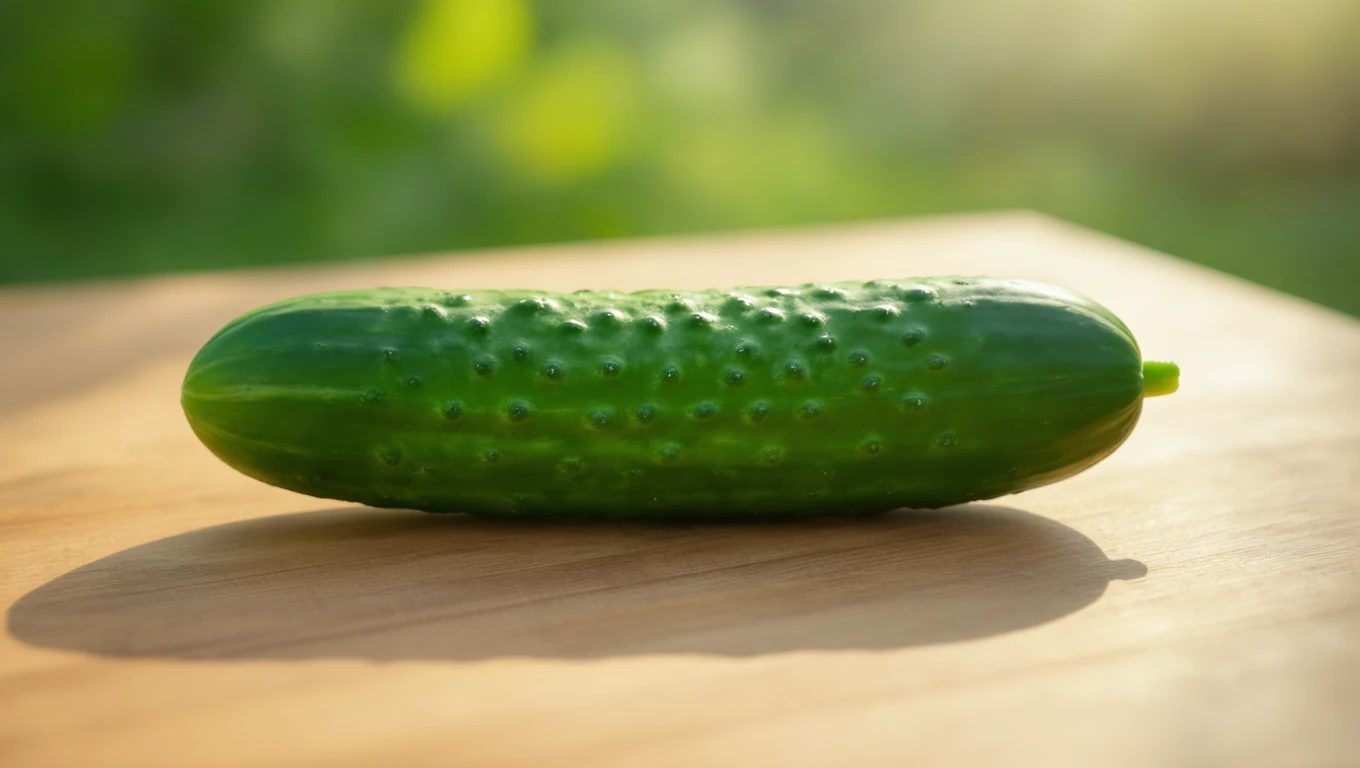 Eine frische Gurke liegt auf einem Holzbrett, symbolisiert Fruchtbarkeit.