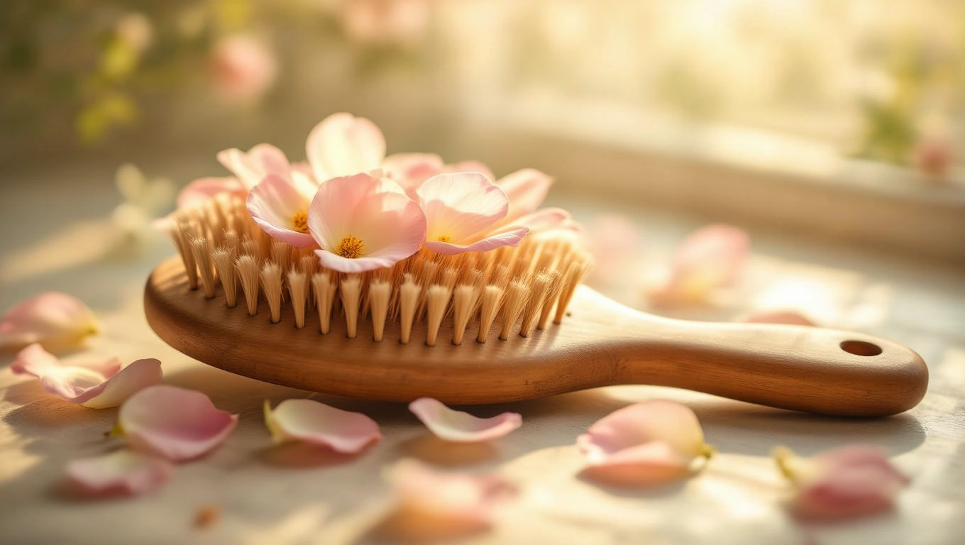 Eine Haarbürste aus Holz mit zarten Blütenblättern darauf.