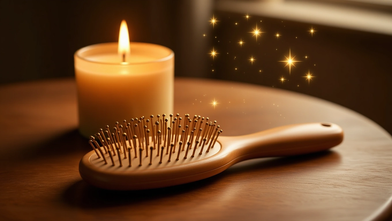 Eine Holzhaarbürste liegt neben einer brennenden Kerze auf einem Tisch.
