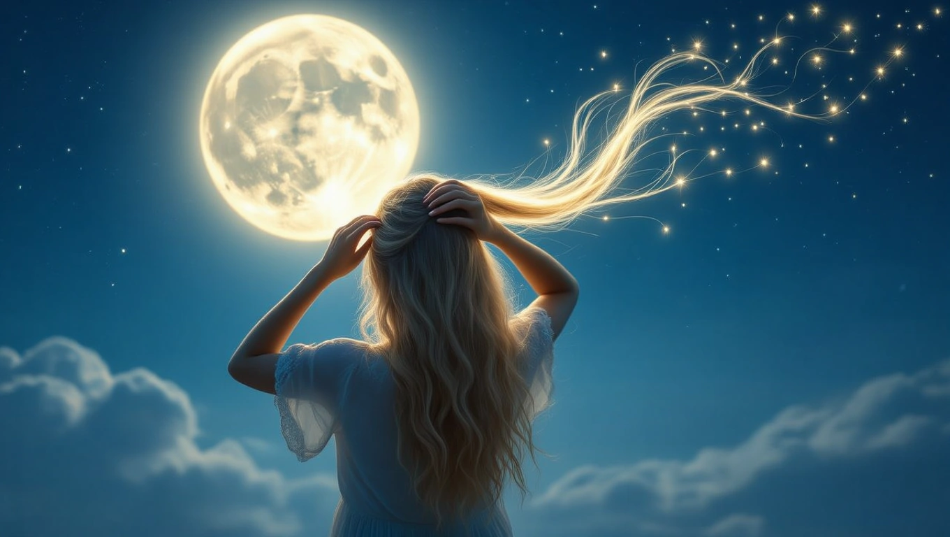 Eine Frau mit langen Haaren betrachtet den Mond, während sie ihre Haare streichelt.