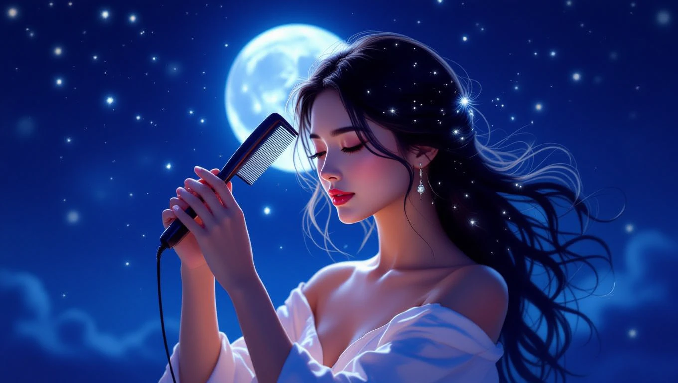 Eine Frau mit langen, glänzenden Haaren hält einen Kamm unter dem Mondlicht.