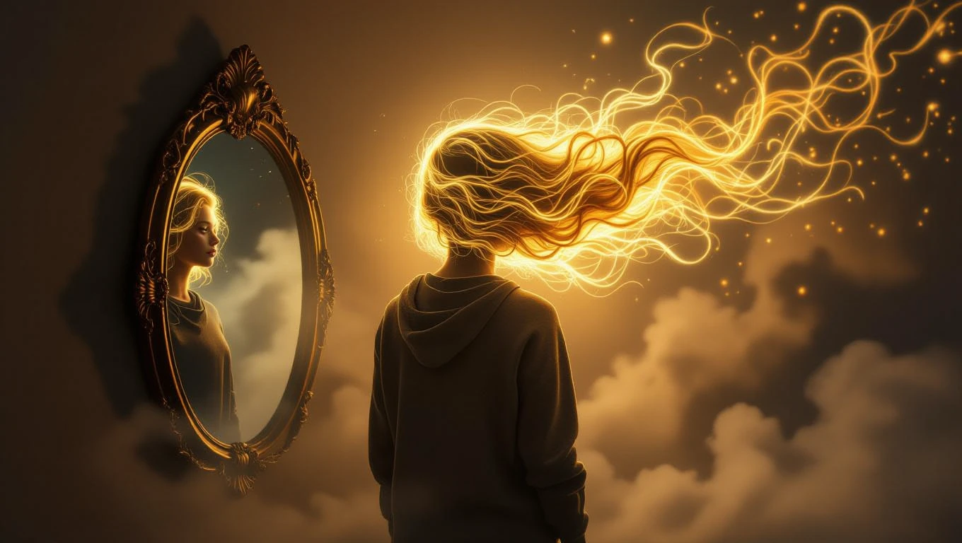 Eine Person mit leuchtenden Haaren steht vor einem Spiegel, der ihre Reflexion zeigt.