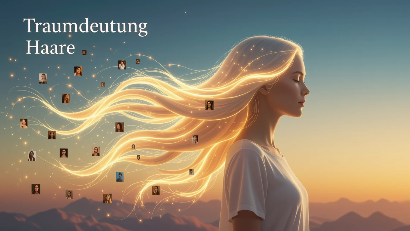 Eine Frau mit fließendem Haar, umgeben von leuchtenden Traumsymbolen.