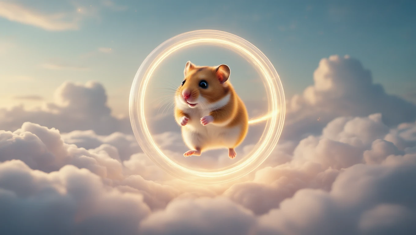 Ein Hamster schwebt in einer Wolkenlandschaft, umgeben von einem leuchtenden Ring.
